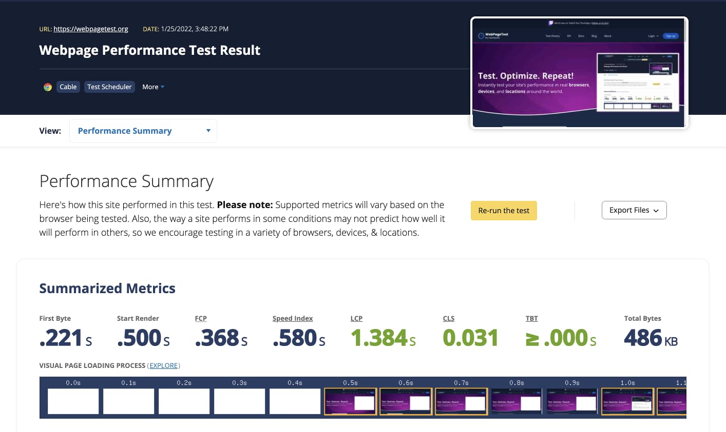 screenshot of wpt results page